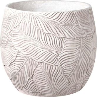 Beliani Flower Pot Light Beige Fibre Clay Painted Indoor and Outdoor Planter Round 47 x 47 x 43 cm Leaf Pattern Modern Design Living Room Garden BAIYUN
