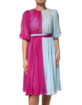 Dolce & Gabbana Womens Fuchsia Light Blue Silk Two Tone Midi Dress