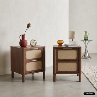Sweeek Mesita de noche vintage decorada con madera y rejilla 2 cajones, set