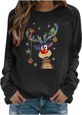 Generic Christmas Jumpers for Women Xmas Funny Ugly Reindeer Pattern Printed Womens Fashion Christmas Jumper 2025 Classic Casual Capless Long Sleeve Tops Wome