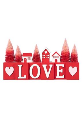 Glitzhome 14L Valentines Wooden House Brush Trees LOVE Table Decor in Red at Nordstrom, Size Medium
