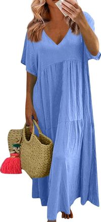 Generic Linen Maxi Dress for Women Summer Cotton Linen V-Neck Short Sleeve Baggy Outfits Oversized Boho Vacation Dresses