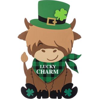 Glitzhome St. Patricks Wooden Highland Cow Porch Decor in Green at Nordstrom, Size Medium