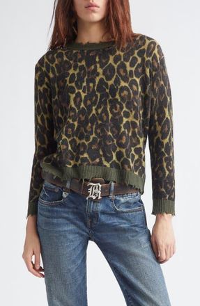 R13 Relaxed Fit Distressed Leopard Print Cashmere Crewneck Sweater in Brown Leopard at Nordstrom, Size X-Small