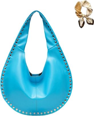 Generic Studded Hobo Bags for Women,Trendy Glossy Punk Underarm Satchel Handbag,Soft PU Leather Semicircle Shoulder Bag