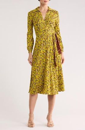 Diane Von F&uuml;rstenberg Phoenix Floral Reversible Long Sleeve Wrap Dress in Olive Yellow/Brown Sm at Nordstrom Rack, Size X-Small