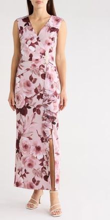 Connected Floral Gathered Waist Maxi Dress in Mauve/Rosewood at Nordstrom Rack, Size 16