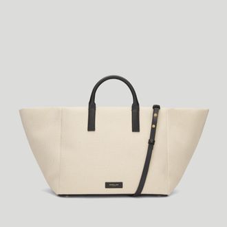 DeMellier The Lisbon Tote in Off White Canvas Black Smoth Leather Crossbody bag