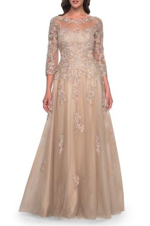 La Femme A-Line Tulle and Lace Applique Gown with Lace Sleeves in Champagne at Nordstrom, Size 20