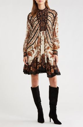 Farm Rio Majestic Garden Long Sleeve Lace Insets Trapeze Dress in Sand at Nordstrom, Size X-Large