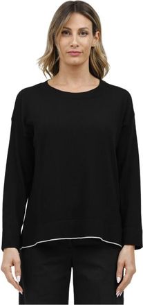 Alpha Studio Lange mouwen boothals top met piping - Dames - Ronde hals truien - Zwart - M - Truien & Vesten
