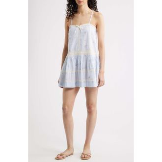 LoveShackFancy Vionett Floral Mixed Stripe Cotton Babydoll Dress in Sky Mist at Nordstrom, Size Xx-Small