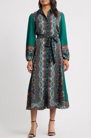 Julia Jordan Print Long Sleeve Shirtdress in Green Multi at Nordstrom Rack, Size 10