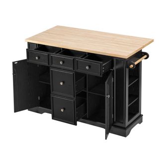 STILVORA Isla De Cocina Con 5 Cajones, Estantes Ajustables, Enchufes Y Usb, Para Cocina Y Comedor, Mdf, 130,5x40-65x92 Cm, Negro