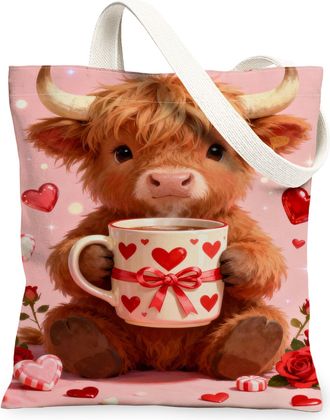 Generic Cute Cow Canvas Tote Bags, Adorable Animal Heart Pattern Reusable Grocery Bags, ValentineS Day Vintage Floral Lightweight, Peach, 13x15 Inch