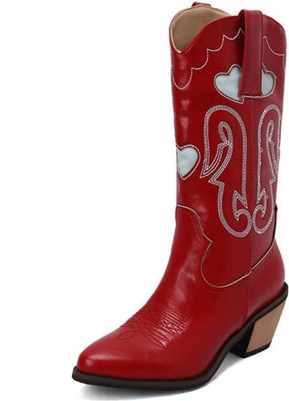 Generic Womens Slip-On Mid-Calf Boots with Embroidery Chunky Heel Western Cowboy Boots Pointed Toe PU Leather Long Boot,Red,6.5 UK