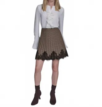 Bcbgmaxazria Lace Hem Pleated Skirt In Black/brown Plaid