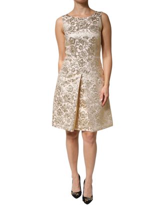 Dolce & Gabbana Beige Gold Floral Brocade Sleeveless Womens Dress