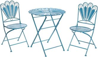 Beliani Garden Bistro Set Blue Metal Powder Coated Table and Chairs Peacock Motif Distressed Effect PAVIA