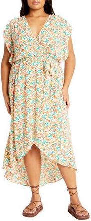 City Chic Ditsy Floral Wrap Front Maxi Dress in Orange Fl Fields at Nordstrom Rack, Size Xxl/24W