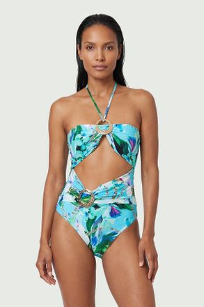 Karen Millen Womens Chain Print Metal Trim Detail Cut Out Swimsuit - Blue Nylon - Size X-Small