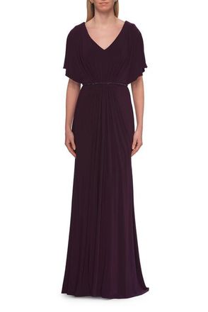 La Femme Flutter Sleeve Jersey Gown with Beaded Waist in Eggplant at Nordstrom, Size 18