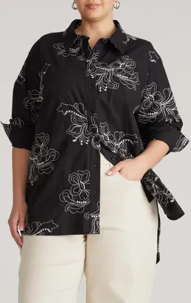 Universal Standard The Artist Poplin Shirt in Hibiscus Embroidery at Nordstrom, Size Xx-Large