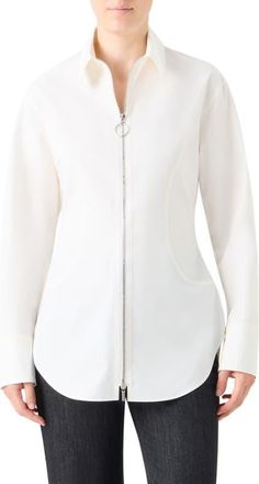 Akris Long Sleeve Cotton Zip-Up Shirt in Cream at Nordstrom, Size 12
