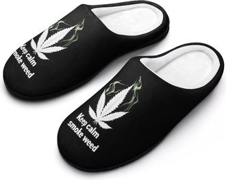 Generic Keep Calm Smoke Weeds Cotton Slippers for Women Memory Foam Comfy House Shoes with Anti-Skid Rubber Sole