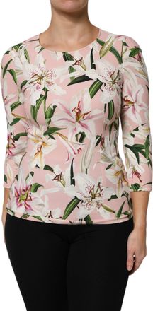 Dolce & Gabbana Pink Lily Print Viscose Round Neck Blouse Womens Top (Pre-Owned)