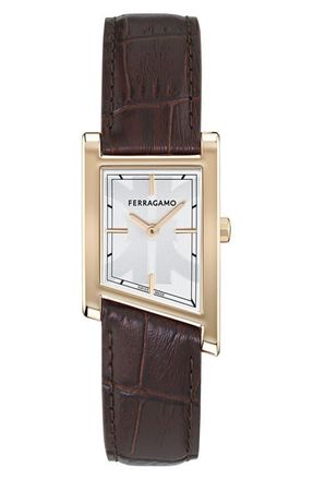 Ferragamo Asymetrique Leather Strap Watch, 24mm x 39mm in Ip Rose Gold at Nordstrom