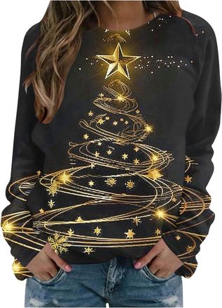 Generic Light Up Christmas Jumper for Women Xmas Tree Print Sparkly Tops Funny Christmas Jumpers for Women UK Classic Long Sleeve Crew Neck Sweatshirt Xmas Pu