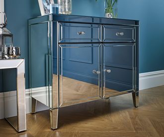 Birlea Mirrored Sideboard Valencia 2 Drawer 2 Door Bevelled Glass Modern in Silver