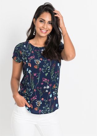 Bonprix Shirtbluse BONPRIX, Damen, Gr. 36, mitternachtsblau gebl&uuml;mt, Web, Obermaterial: 100% Polyester, regular fit, Blusen Shirtbluse, figurumspielende Passf