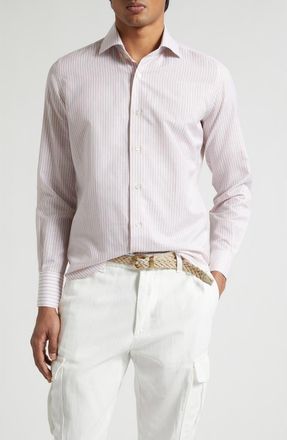 Eleventy Dandy Collar Stripe Cotton & Linen Button-Up Shirt in Dusty Pink at Nordstrom, Size Xxx-Large