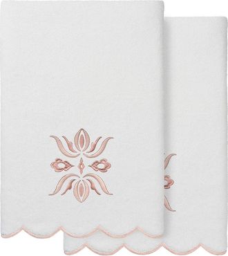 Linum Home Textiles 100% Turkish Cotton Flower Crest Scallop 2Pc Embellished Bath Towel Set