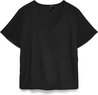Vero Moda Blusenshirt VERO MODA VMMYMILO S/S V-NECK TOP WVN GA, Damen, Gr. XL, schwarz, Jersey, Obermaterial: 55% Viskose, 45% Leinen, unifarben, regular fit no