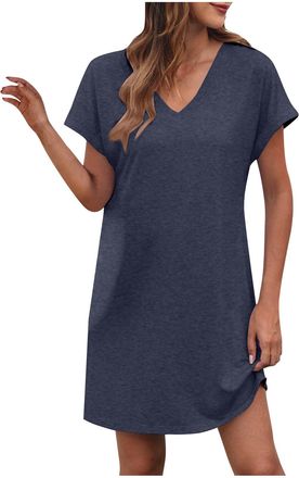 Generic Summer Dresses for Women UK Short Sleeve V Neck T Shirt Dress Solid Color Loose Casual Tunic Dress Ladies Mini Dresses Beach Lounge Casual Sundress Pl