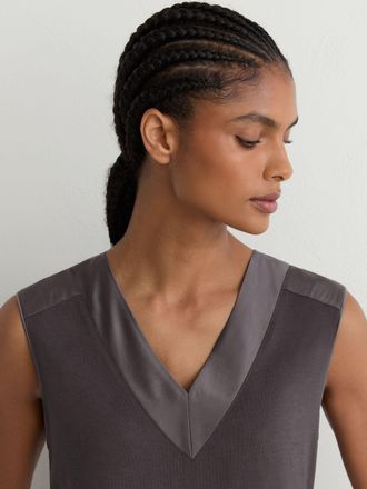 Reiss Womens Grape Burgundy Cotton- Silk-trim Sleeveless Top, XL