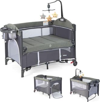 Costway Costway - 5 En 1 Cuna De Viaje Para Beb&eacute; Con Colch&oacute;n, Parque Infantil Para Beb&eacute;s Con Cambiador De Pa&ntilde;ales, Caja De M&uacute;sica Y Juguetes Colgantes, Cuna B