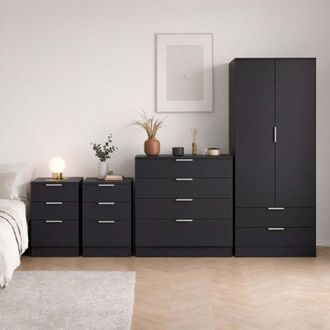 Home Discount Trega 4pc Bedroom Furniture Set - 2x 3 Drawer Bedside, 4 Drawer Chest & 2 Door Wardrobe, Black