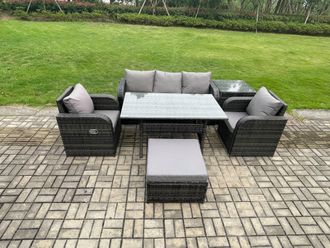 Fimous Wicker PE Rattan Garden Furniture Set Outdoor Rectangular Dining Table & Chair Sofa Set With Side Table in Dark Grey