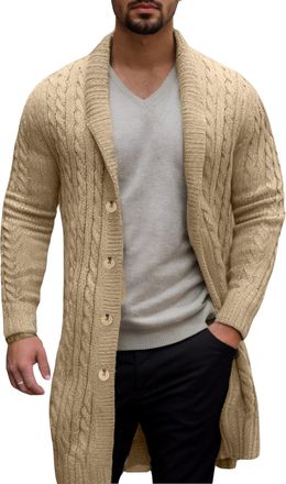 Feoya Mens Button Up Cardigans Chunky Cable Knit Cardigan for Men UK Lapel Shawl Collar Long Cardigans Khaki XL Open Front Mid Length Cardigan Button Down S
