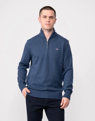 GANT Mens GANT Mens Casual Cotton Half Zip Jumper - 902 Dark Jeansblue Melange - Navy - Size: 38