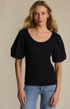 Lands End Drapey Rib Puff Sleeve Scoop Neck Top in Black at Nordstrom, Size X-Small P