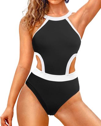 Holipick Womens One Piece Swimsuit Cutout High Neck Bathing Suits Tummy Control Swimwear for Teen Girls, Black and White, XL