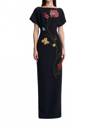 Lela Rose Savannah Dolman-Inspired Cape Cap Sleeves Gown In Navy