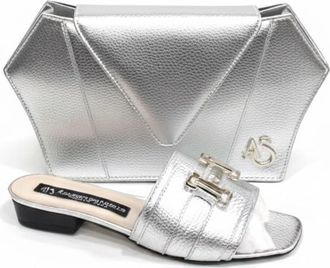 Generic A&S Collection Womens Silver Metallic Clutch Purse and Sandals Set, Fashion Evening Handbag with Matching Slides