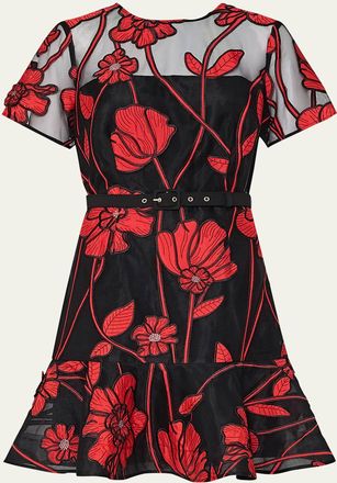 Milly Rosie Belted Floral-Embroidered Mini Dress