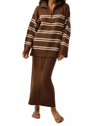 Promesa Striped Knit Quarter-Zip Sweater In Brown